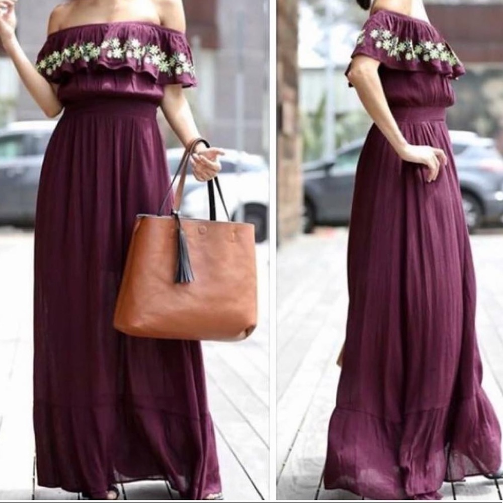 OFF the shoulder maxi dress. Dark plum. Small. NWT